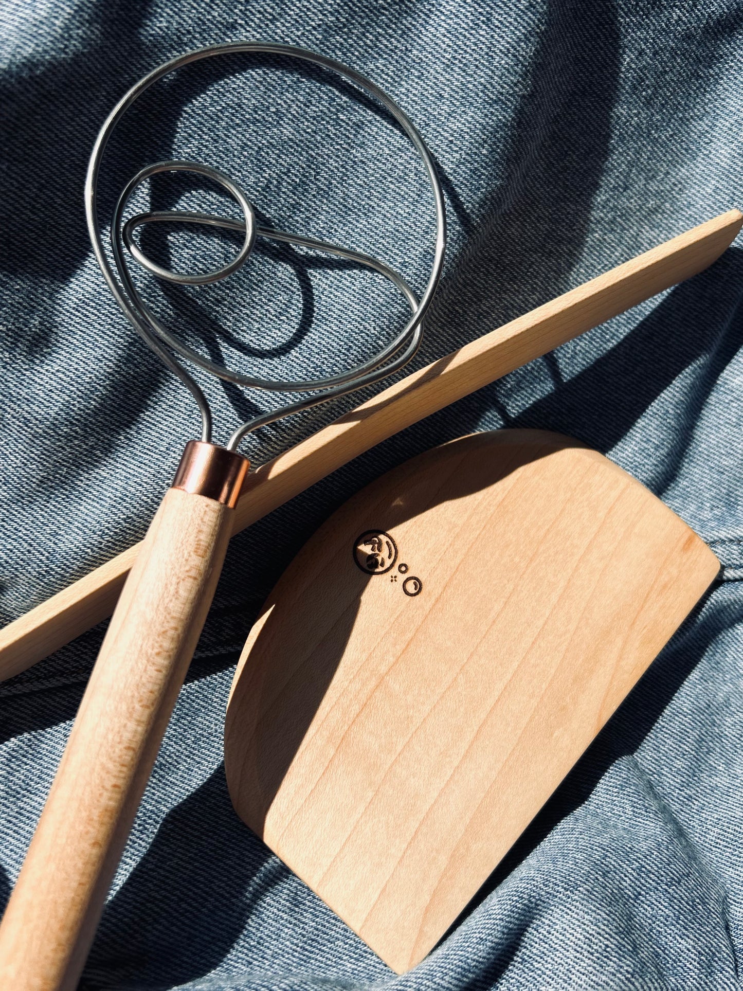 Handmade 3 Piece Wooden Baking Utensil Set - dough hook / whisk, spurtle spatula, and scraper / chopper