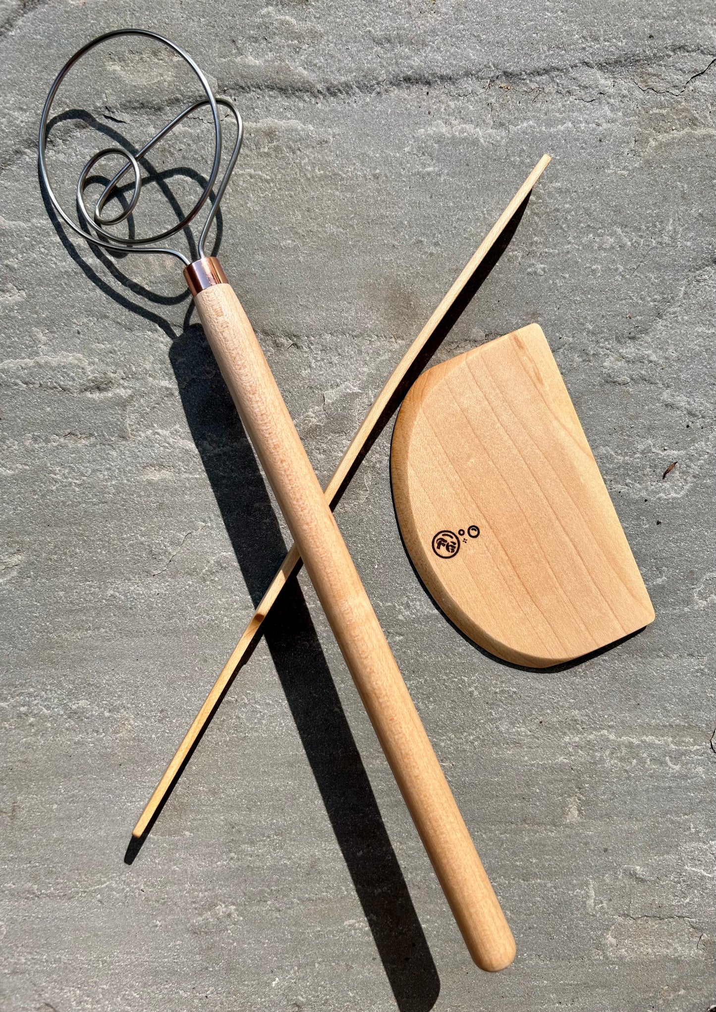 Handmade 3 Piece Wooden Baking Utensil Set - dough hook / whisk, spurtle spatula, and scraper / chopper