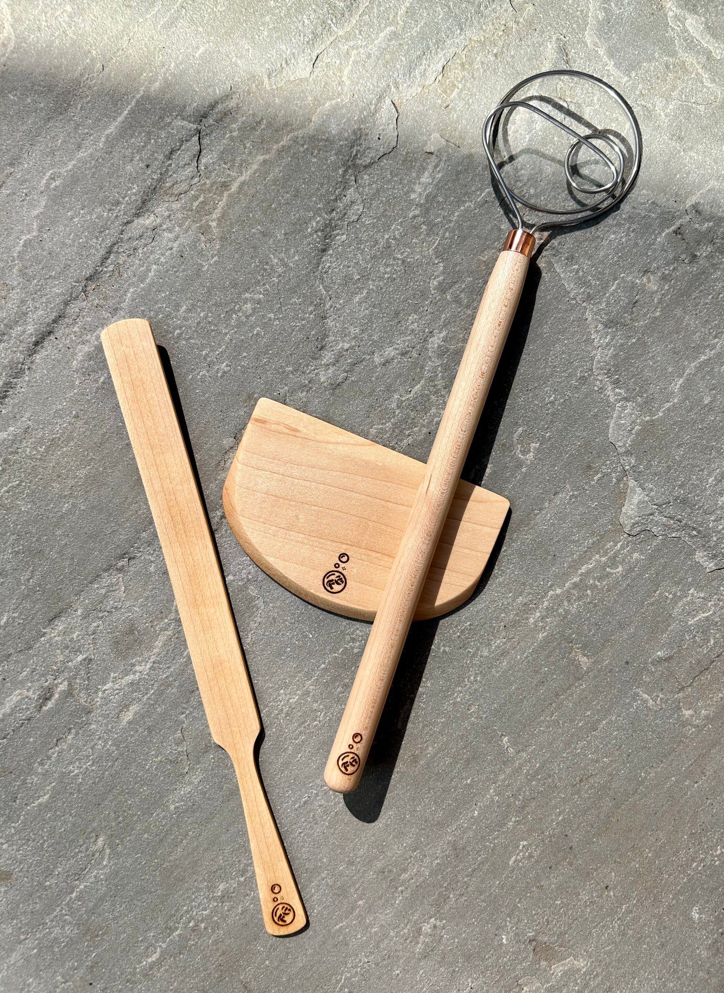 Handmade 3 Piece Wooden Baking Utensil Set - dough hook / whisk, spurtle spatula, and scraper / chopper