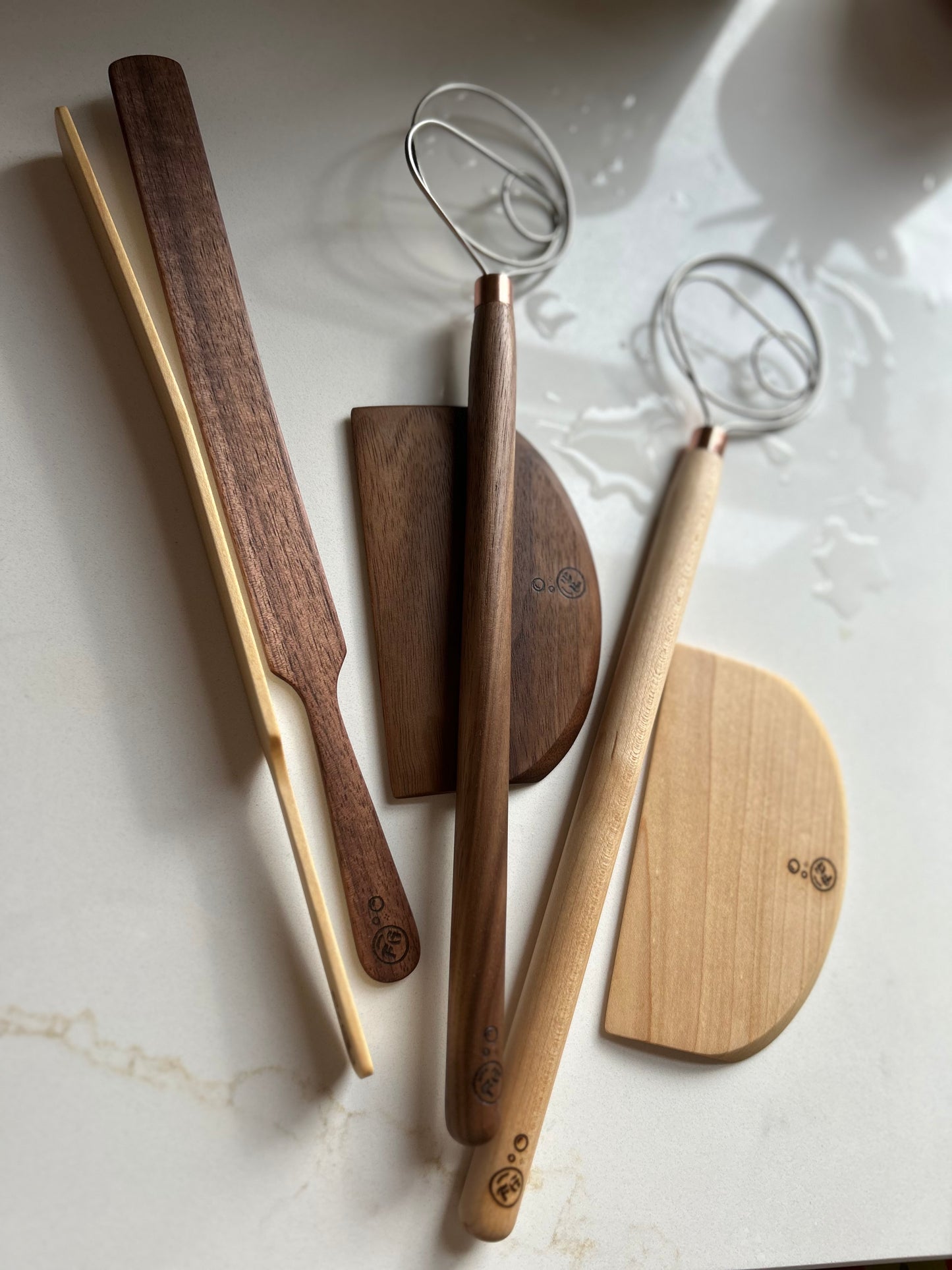 Handmade 3 Piece Wooden Baking Utensil Set - dough hook / whisk, spurtle spatula, and scraper / chopper