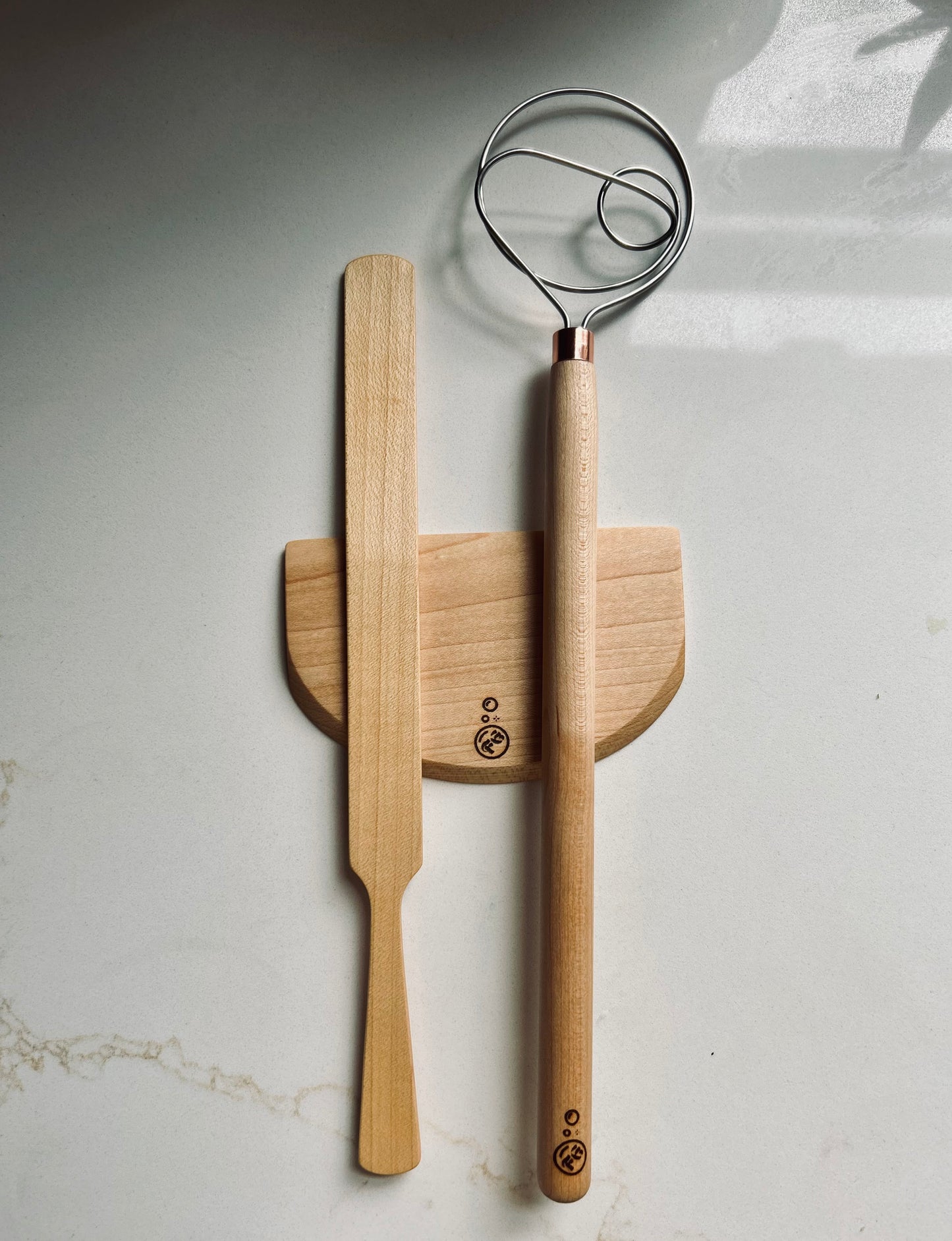 Handmade 3 Piece Wooden Baking Utensil Set - dough hook / whisk, spurtle spatula, and scraper / chopper